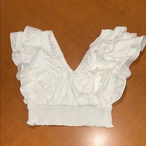 Line and dot White Ruffled V-Neck Top